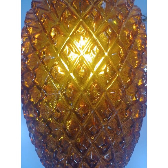 VTG MCM 1960s XL Amber Glass & Brass Pineapple Diamond Quilted Hanging Swag Lamp - Picture 8 of 11